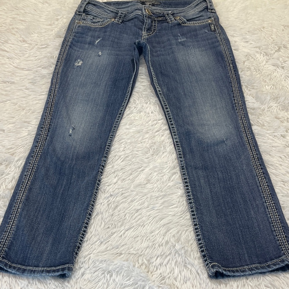 SILVER TWISTED CAPRI WOMENS SIZE 27 Classic Blue Denim JEANS/CAPRI